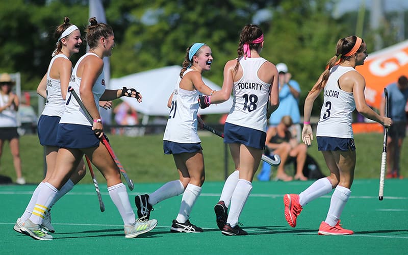 U-19 Gateway Field Hockey team celebrates a goal at the 2021 National Club Championship, presented by Harrow, at the Virginia Beach Regional Training Center