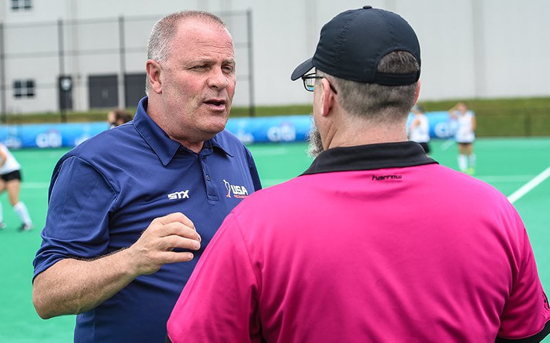 USA Field Hockey's Director of Umpiring Steve Horgan gives insight to an official at the 2018 National Futures Championship at Spooky Nook Sports in Lancaster, Pennsylvania