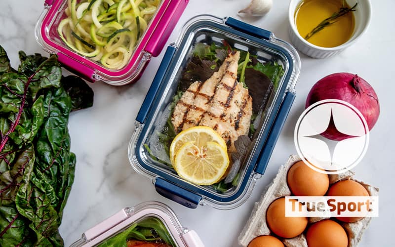 Meal prepping with TrueSport logo