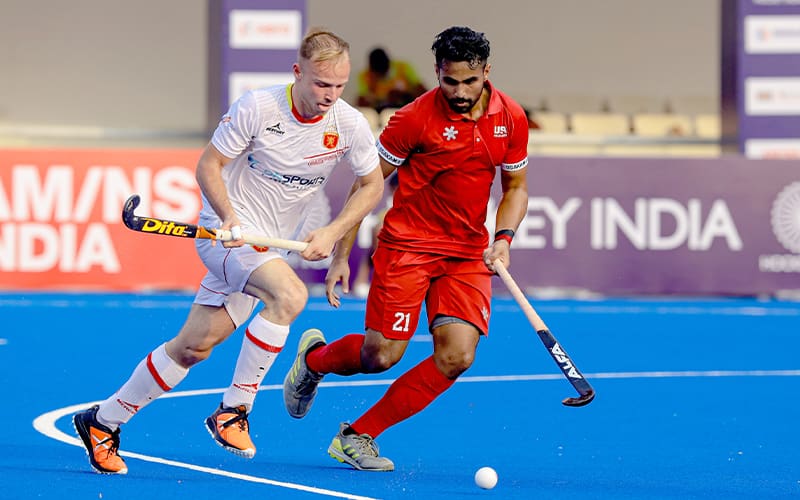 Amrinderpal Singh defeats the ball against Spain at the FIH Odisha Hockey Men's Junior World Cup on November 25, 2021