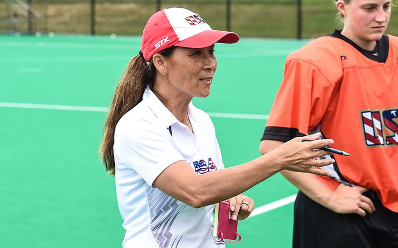 Jun Kentwell coaches a team at the 2017 Young Women's National Championship at Spooky Nook Sports in Lancaster, Pennsylvania