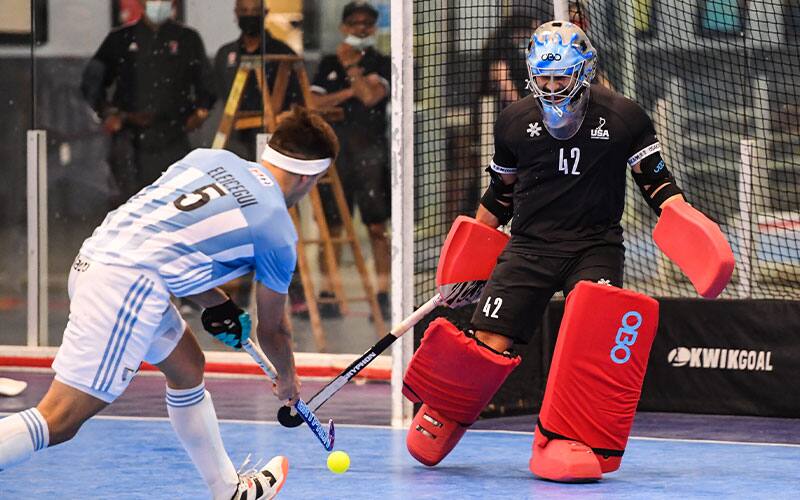 Goalkeeper Jonathan Klages makes a save against Argentina during the 2021 Indoor Pan American Cup