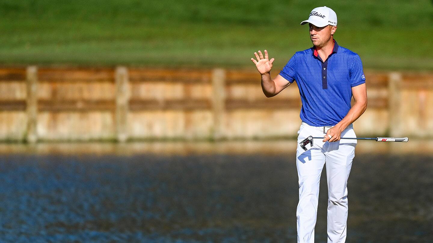 Thomas acknowledges crowd during the final round of THE PLAYERS Championship.