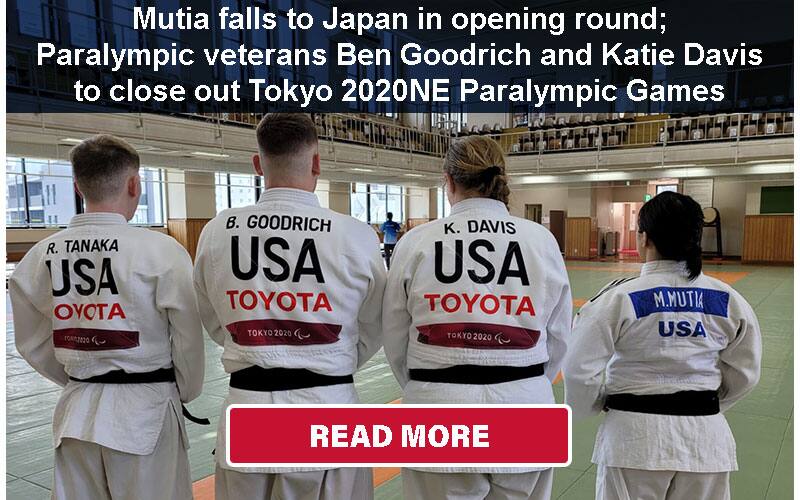 USA Judo Paralympic Team Robert Tanaka, Ben Goodrich, Katie Davis and Liana Mutia pose with their official backpatches