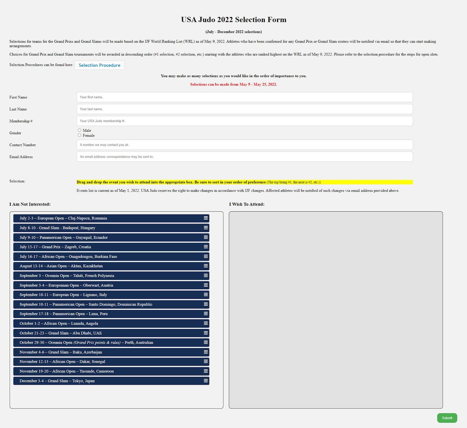 2022 Selection Form Jul-Dec