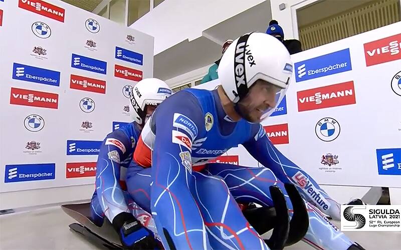 Jayson Terdiman and Chris Mazdzer at the start in Sigulda, Latvia. Jan. 9, 2021
