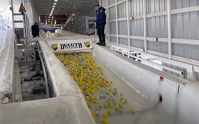 lacrosse balls released dow the luge track in Lake Placid