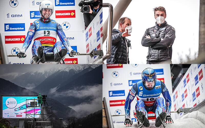 Photos of Tucker West, Chris Mazdzer and coach Bengt Walden taken in Sochi Russia during the Nov. 28 World Cup. Photos: FIL / Mareks Galinovskis