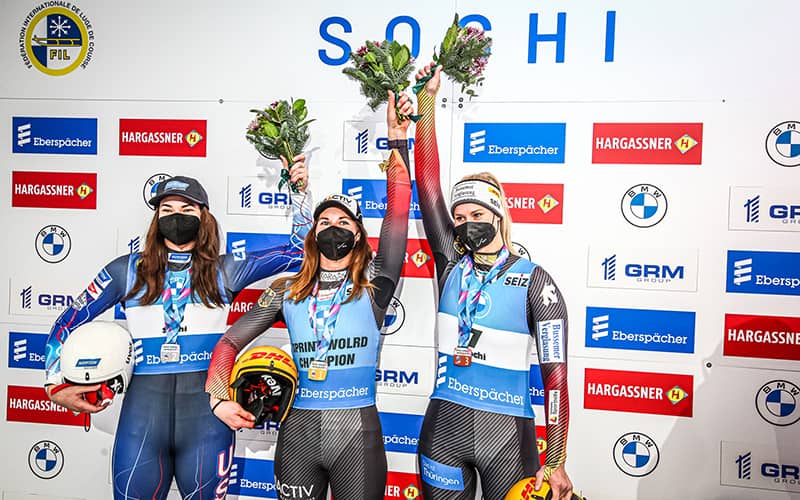 Summer Britcher on the podium after the BMW Sprint Race outside of Sochi, Russia on December 5, 2021. 