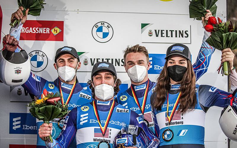 bronze madal winning usa luge relay team 