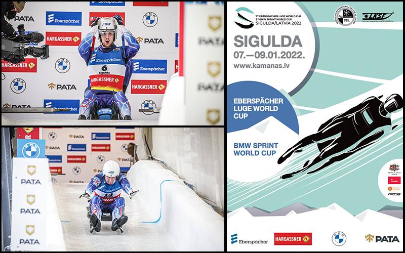 Dana Kellogg, Duncan Segger and Tucker West plus a poster for the Sigulda World Cup