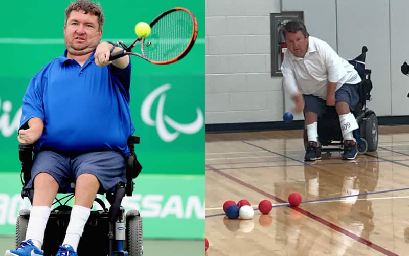 Two photos of boccia and wheelchair tennis athlete Nick Taylor 