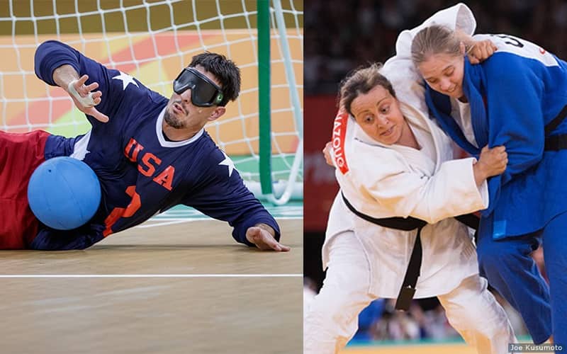 Two photos of Tyler Merren (goalball) and Katie Davis (judo) as a preview for the 2019 IBSA International Qualifier