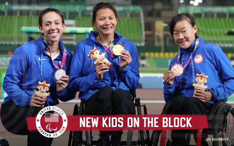 Jenna Fesemyer (left), Hannah Dederick (middle), Elizabeth Floch (right) smile on the podium at the 2019 Parapan American Games