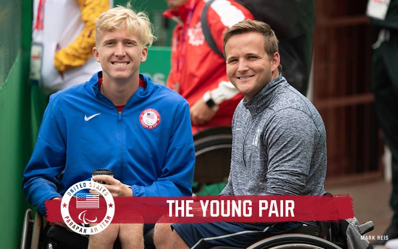Chris Herman and Casey Ratzlaff of wheelchair tennis pose for a photo together