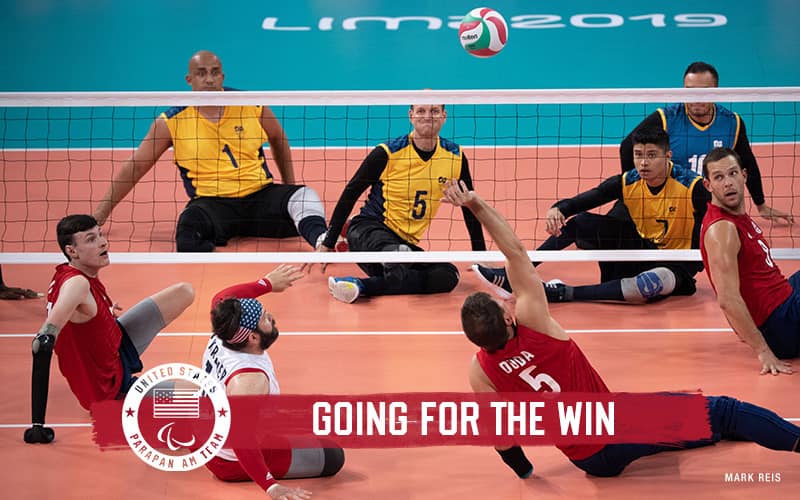 Zach Upp and the U.S. men's sitting volleyball team in competition against Brazil.