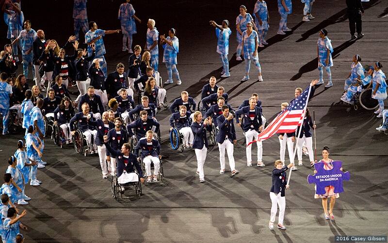 Athletes from the United States walk into the Opening Ceremony at the Paralympic Games Rio 2016. 