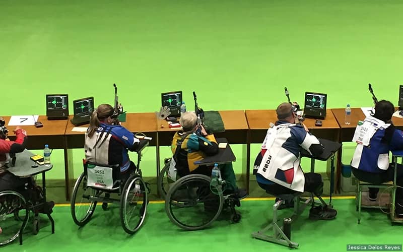 Athletes line up for rifle shooting competition at the 2016 Paralympic Games.