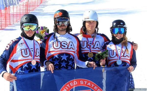 Mike Shea, Keith Gabel, Evan Strong and Amy Purdy at the Paralympic test event in March 2013 in Sochi, Russia