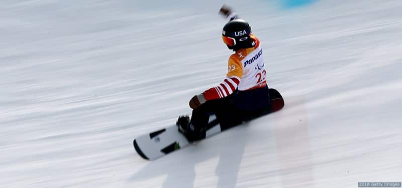 Noah Elliott competes in the SB-LL1 Snowboard Cross Qualification Run 1 at Jeongseon Alpine Centre on Day 2 of the PyeongChang 2018 Paralympic Games on March 12, 2018 in Pyeongchang-gun, South Korea.