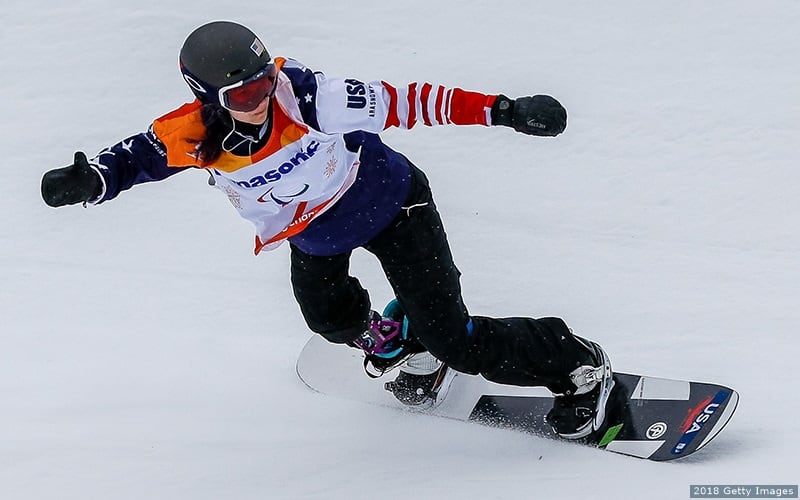 Brenna Huckaby competes in the banked slalom in the women's SB-LL1 class at the Paralympic Winter Games PyeongChang 2018. 