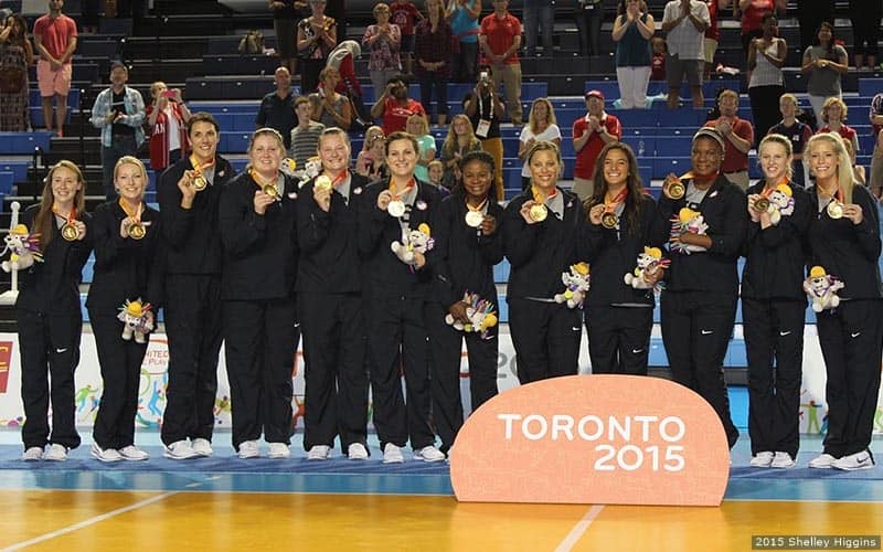 The U.S. women's sitting volleyball team on the podium at the Parapan American Games Toronto 2015.
