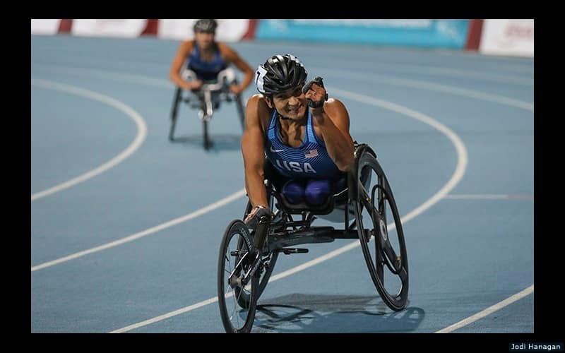Cheri Madsen celebrates at the 2019 World Para Athletics Championships on Nov. 8, 2019 in Dubai, United Arab Emirates