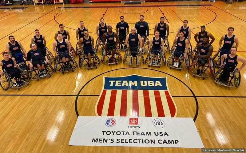 Members of the men's wheelchair basketball team pose after completion of the first camp of 2020 