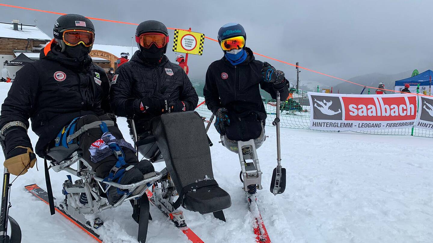 Laurie Stephens, David Williams and Ravi Drugan post for photo at the 2021 world cup in Austria.