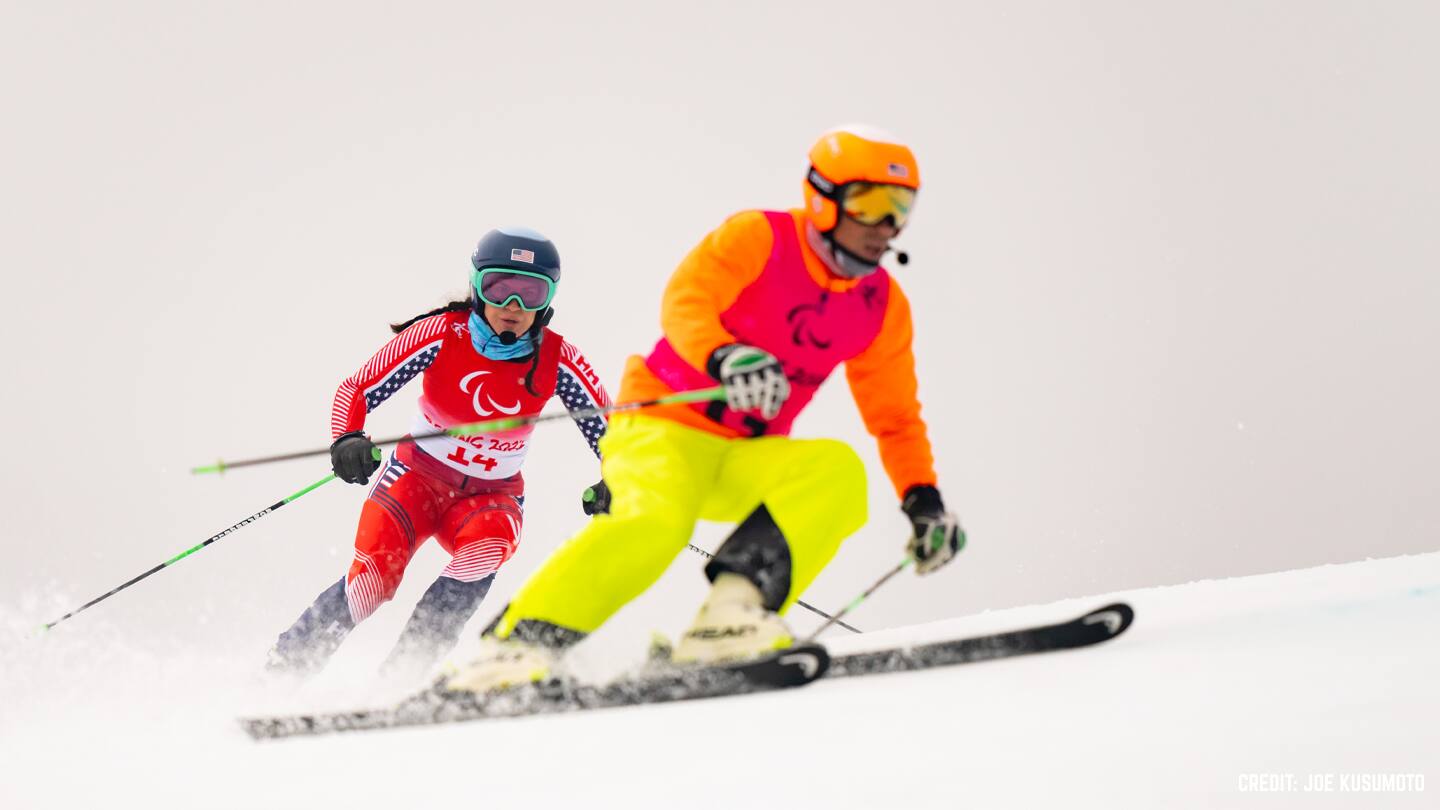 Danelle Umstead with guide Rob compete in the Giant Slalom at the 2022 Winter Paralympics