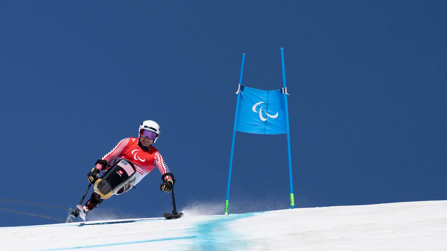Andrew Kurka competes in the downhill on the first day of Beijing 2022. 