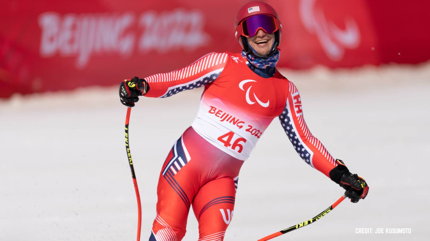 Tyler Carter smiles after competing at the 2022 Winter Paralympics.