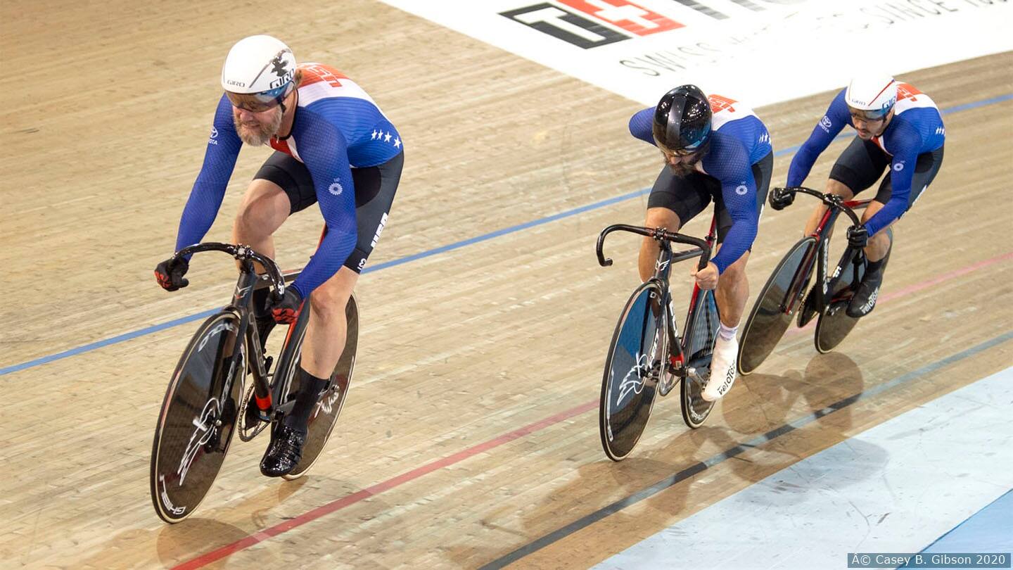 Three Para-cyclists compete in track cycling. 