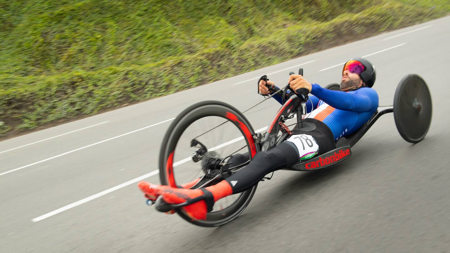 Brandon Lyons competes in a road cycling race.