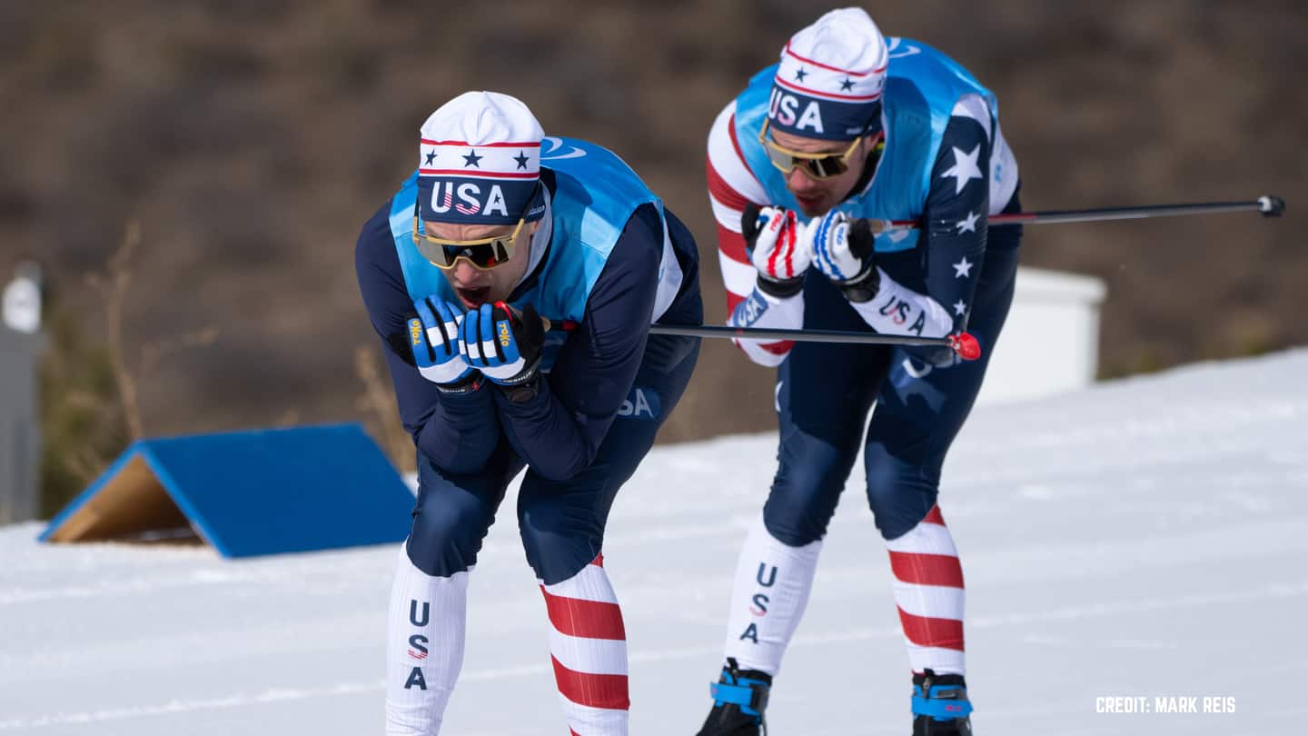 Jake Adicoff with guide Sam Wood competing at the 2022 Winter Paralympics 