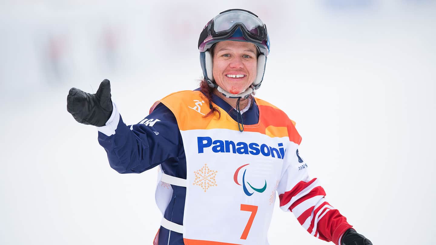 Brittani Coury waves to camera after competition. 