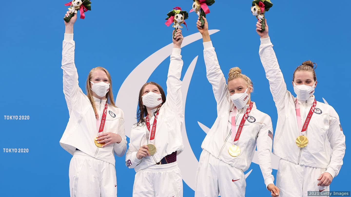 Team USA women's relay team on the podium. 