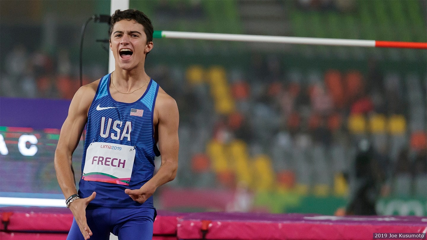 Ezra Frech cheering after competing in the high jump. 