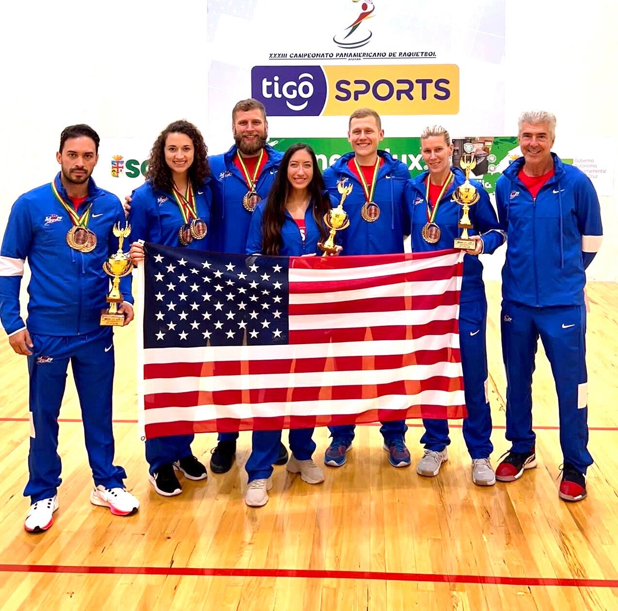 Alex Landa, Erika Manilla, Jake Bredenbeck, Kelani Lawrence, Sam Bredenbeck, Rhonda Rajsich, and Coach Jim Durham at the XXXIII Pan American Racquetball Championships