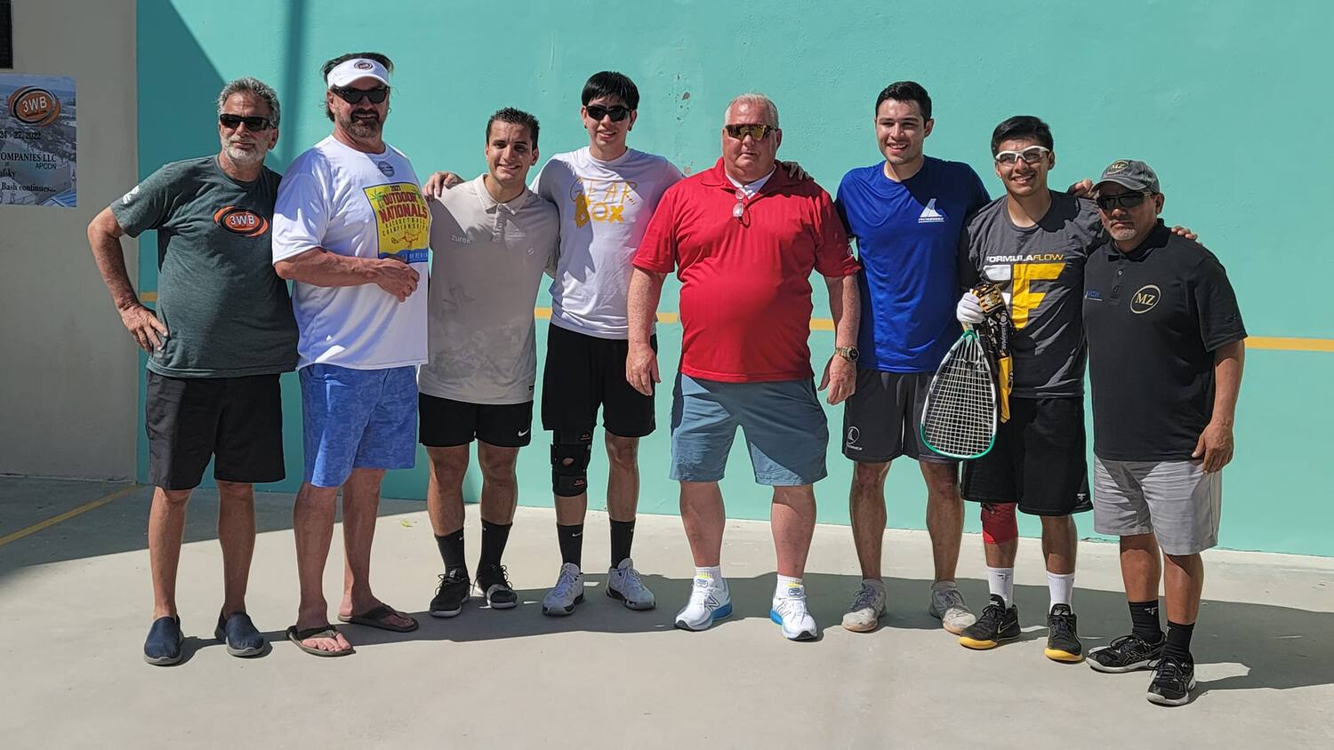 Men’s Pro Doubles finalists along with Beach Bash sponsors and key personnel. L-R Vic Liebofsky, Rick Koll, Andres Acuña, Eduardo Portillo, Mike Coulter, Javier Mar, Mario Mercado, Abel Perez. Photo courtesy of Susan Stephen