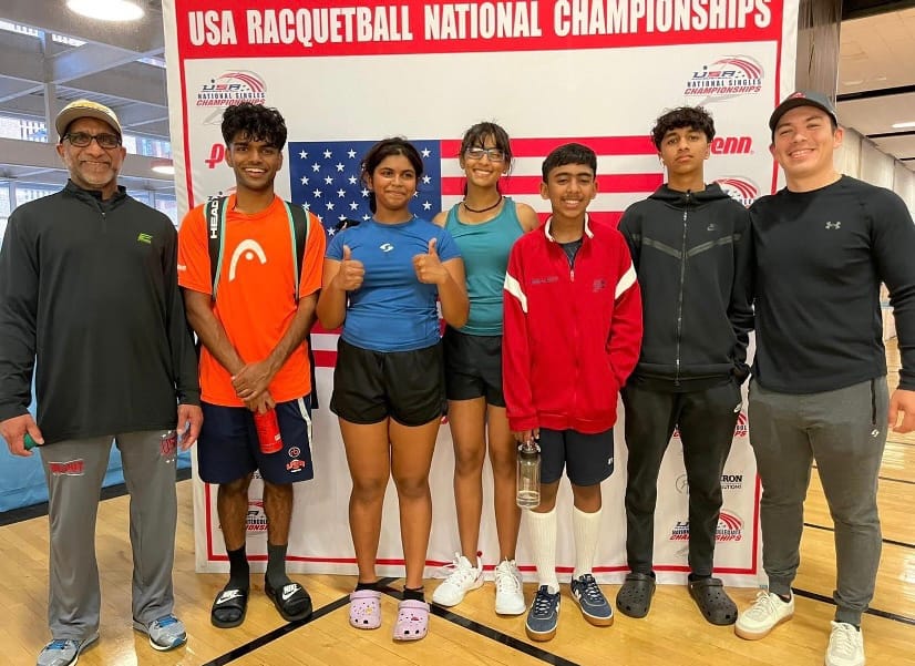 In Des Moines, June 2022: Coach Anwar Ali, Nikhi Prasad, Aarya Shetty, Sonya Shetty, Vaishant Mangalampalli, Eshan Ali, and Coach Robbie Collins