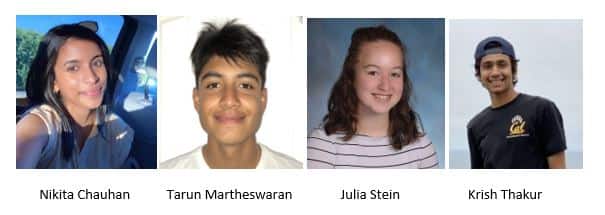Headshots of Nikita Chauhan, Tarun Martheswaran, Julia Stein and Krish Thakur