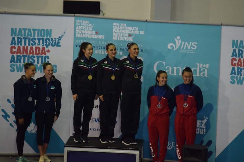Junior National Team Duet on the podium following their Bronze medal swim at UANA Pan American Artistic Swimming Championships