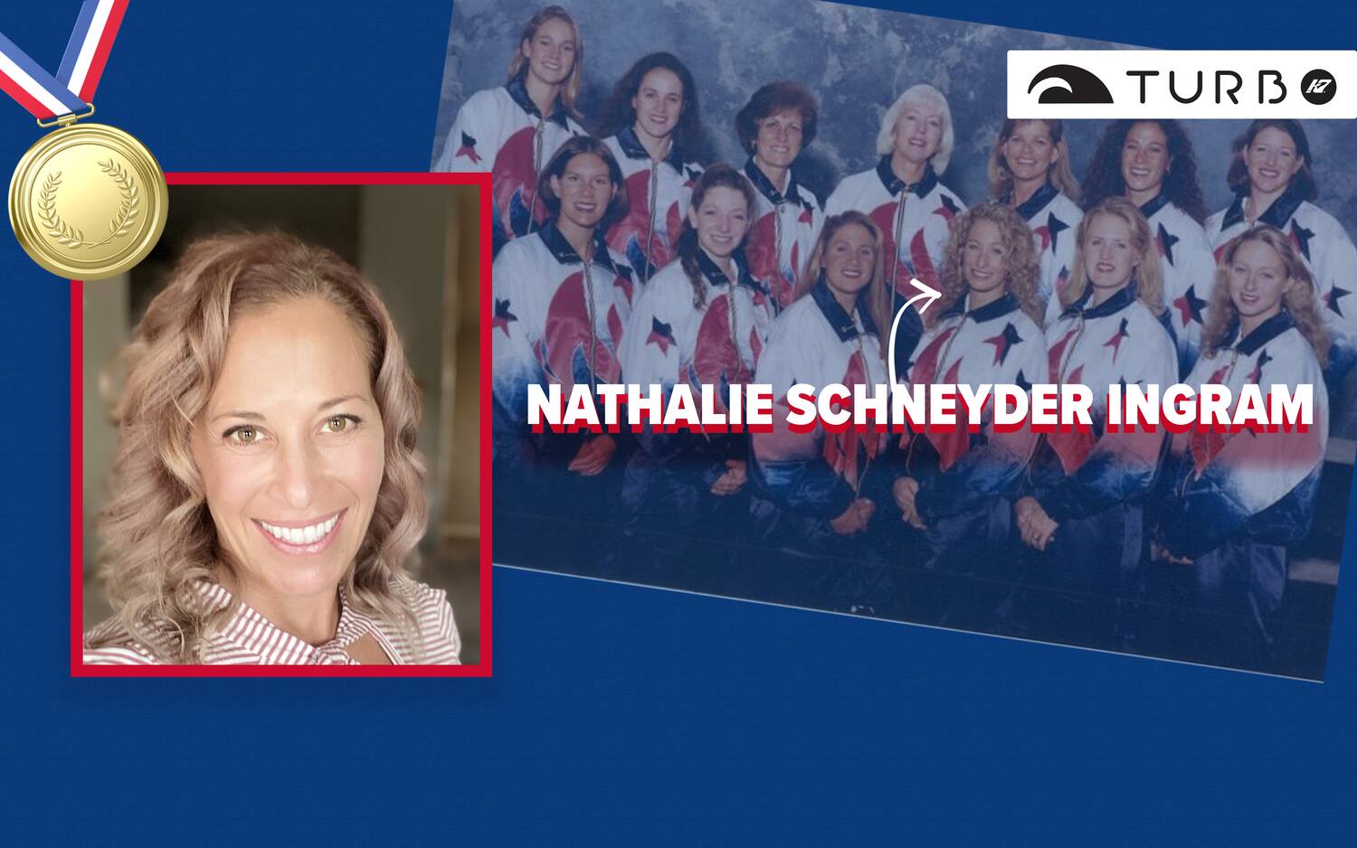 Current photo of Nathalie and a photo of the 1996 Olympic team. 