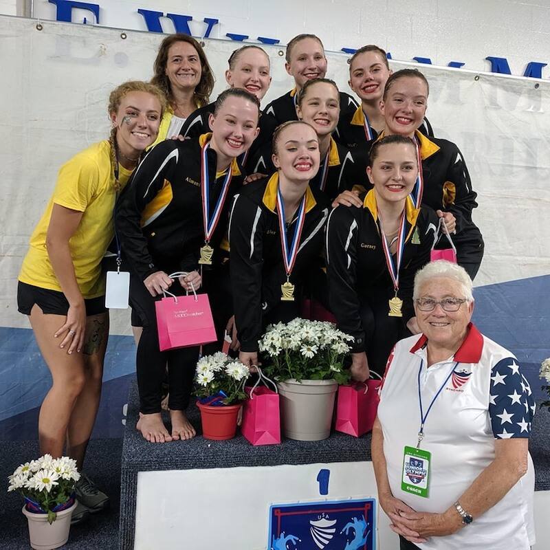 Cincinnati YMCA Synchrogators at 2019 Junior Olympic Championship with Head Coach Virginia Jasontek