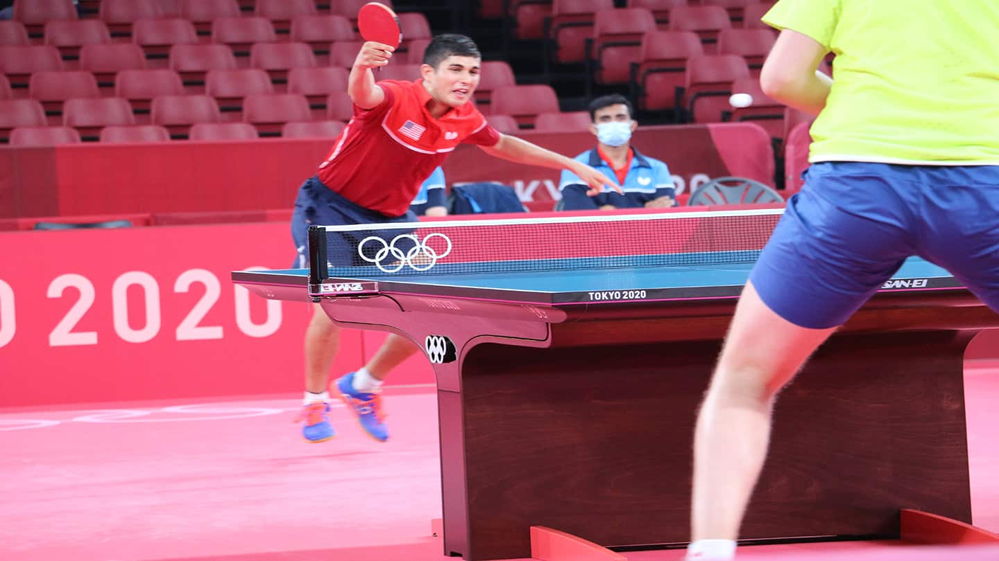 Kanak Jha in singles match against Sweden’s Mattias Falck. [Tokyo 2020]