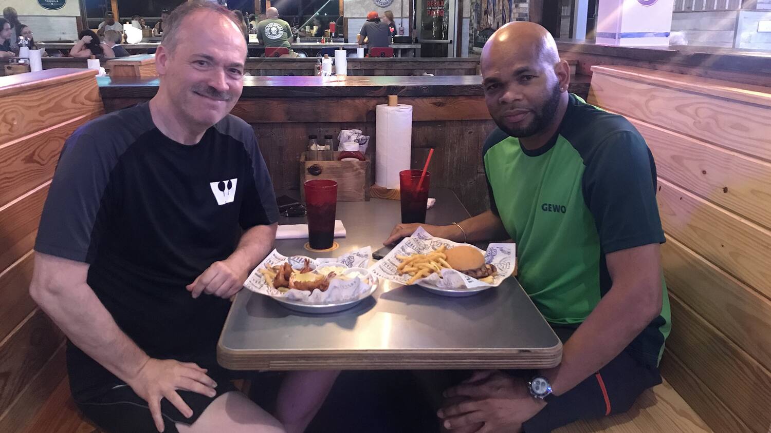 Will Shortz and Robert Roberts at Willie's Grill and Icehouse in San Antonio after a day of play at the San Antonio TTC.