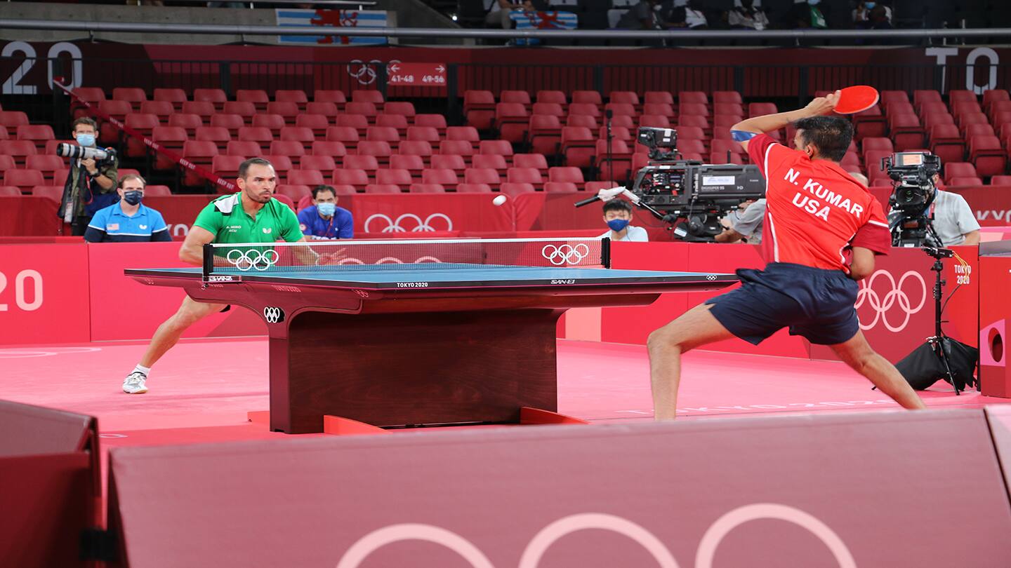 Tokyo 2020 Nikhil Kumar during a six-game victory (4-2) over Alberto Mino of Ecuador in Men's Singles Round 1.