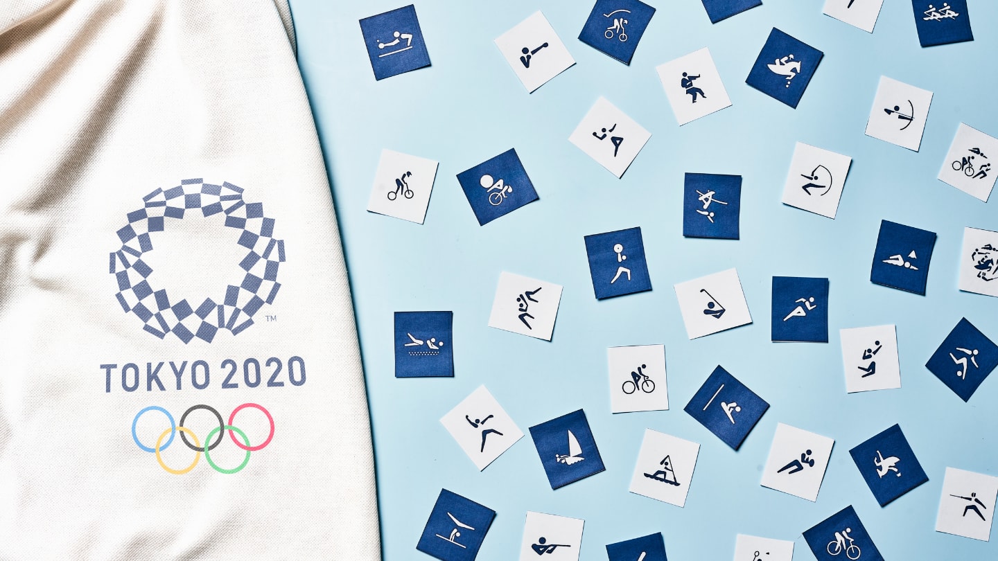 Tokyo Games Logo, Olympic sport logos scattered.