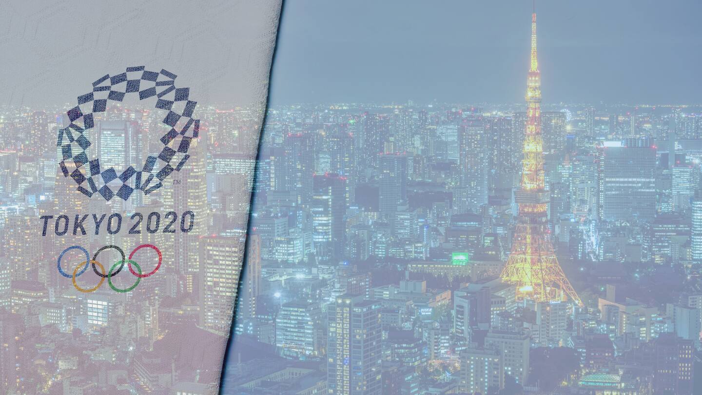 Tokyo Olympics logo over Tokyo background